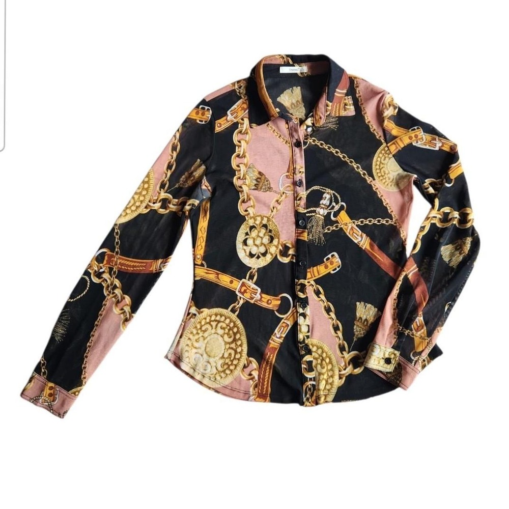 Timing Sheer Chain Print Blouse Black Gold Mauve Mesh Button Up Top S TT1082M